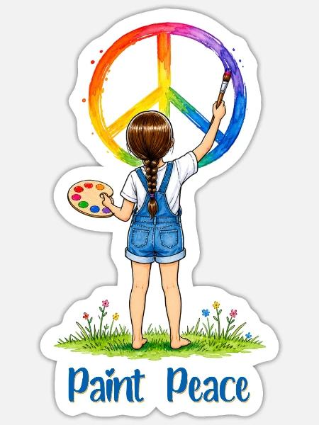 Mädchen malt Peace Zeichen – Paint Peace Aquarell - Sticker Größe S (10 x 10 cm) - Mattweiß
