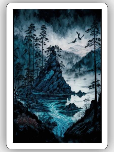 düsterer berg mit see - Sticker Größe S (10 x 10 cm) - Mattweiß