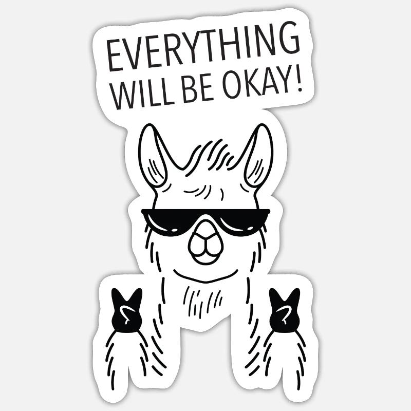 Everything Will Be Okay, Llama Alpaca - Sticker taille S (10 x 10 cm) - blanc mat