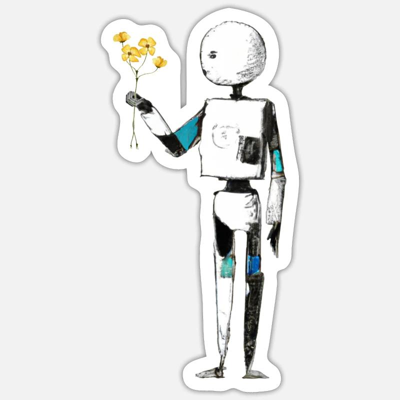 robot mit blumen - Sticker Größe S (10 x 10 cm) - Mattweiß
