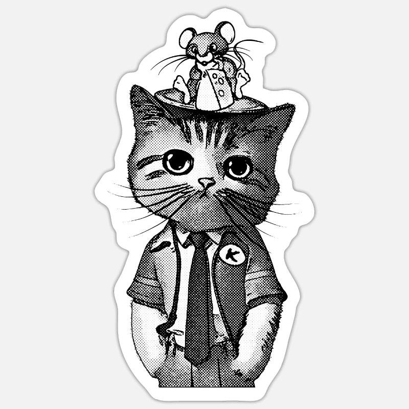 Auf dem Kopf einer Katze sitzt eine junge Maus. Sticker Größe S (10 x 10 cm)