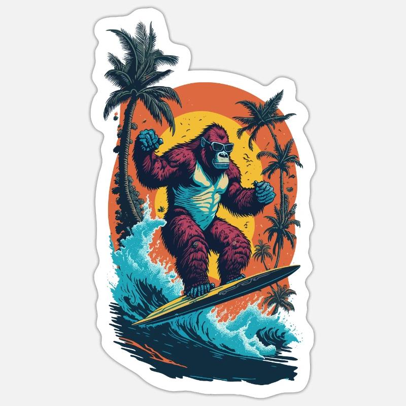 Surf-Gorilla: Das Retro Wave Illustration Sticker Größe S (10 x 10 cm)