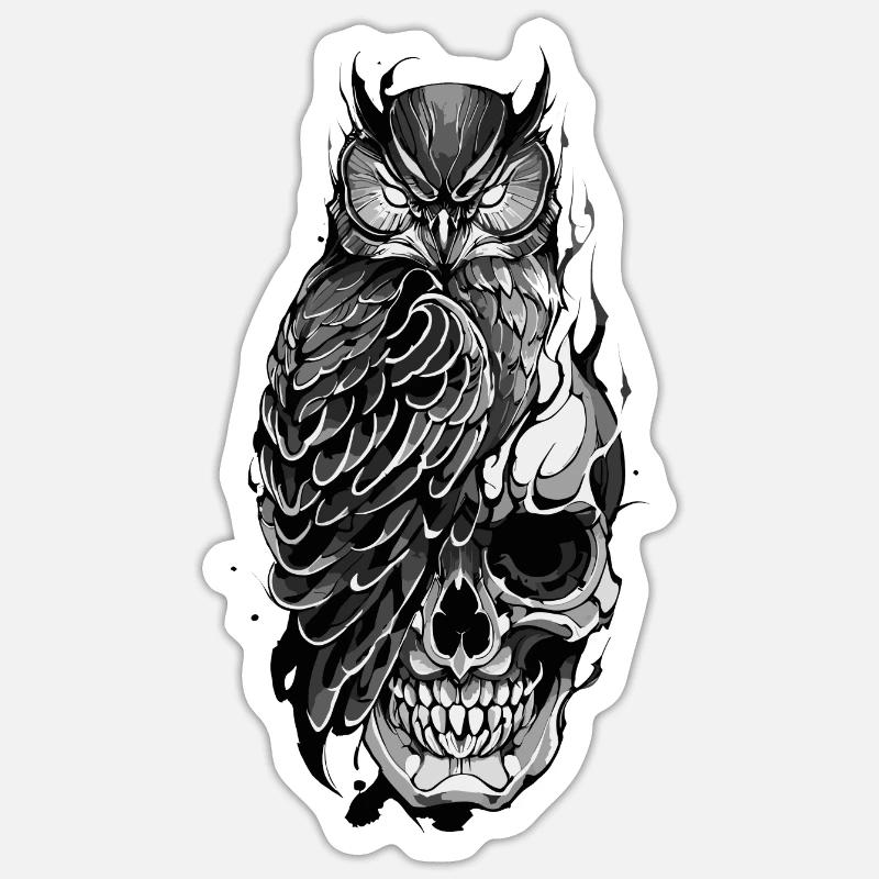 Eule sitzt auf Schädel Sticker Größe S (10 x 10 cm)