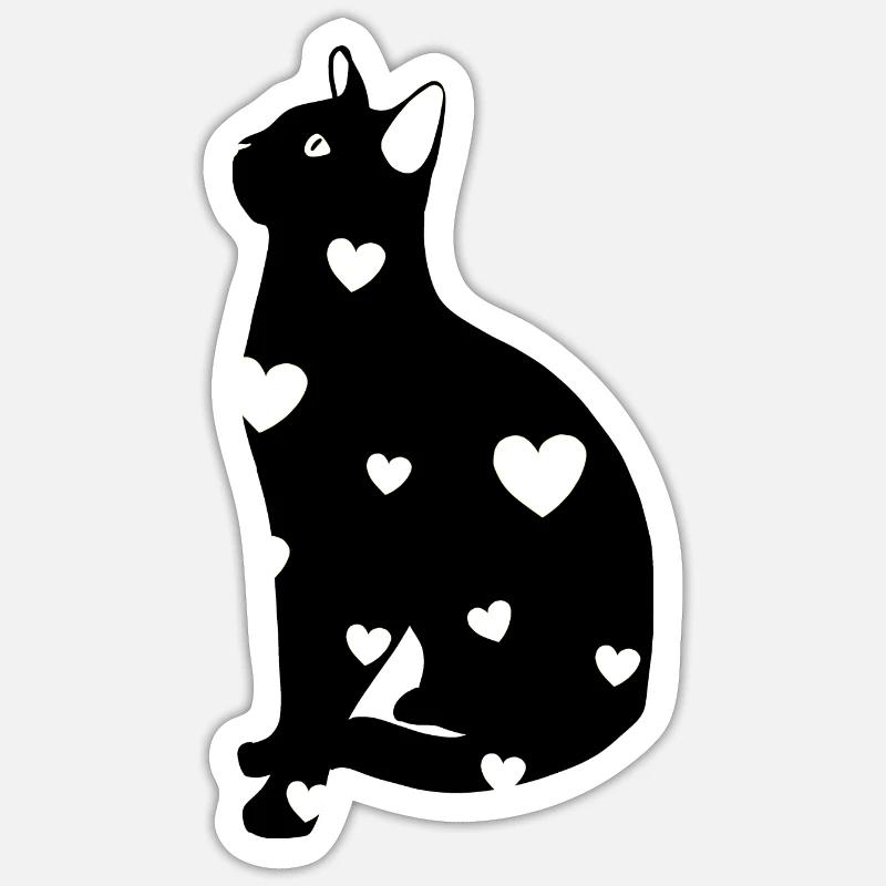 Schwarze Katze und Herzen - Sticker Größe S (10 x 10 cm) - Mattweiß