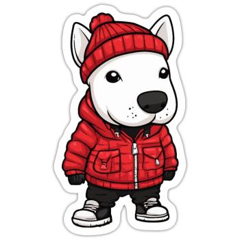Bull Terrier Chien Hiver - Sticker taille S (10 x 10 cm) - blanc mat - Devant