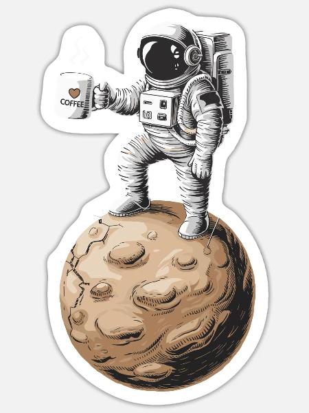 Retro Astronaut Drinking Coffee Planet - Sticker Größe S (10 x 10 cm) - Mattweiß