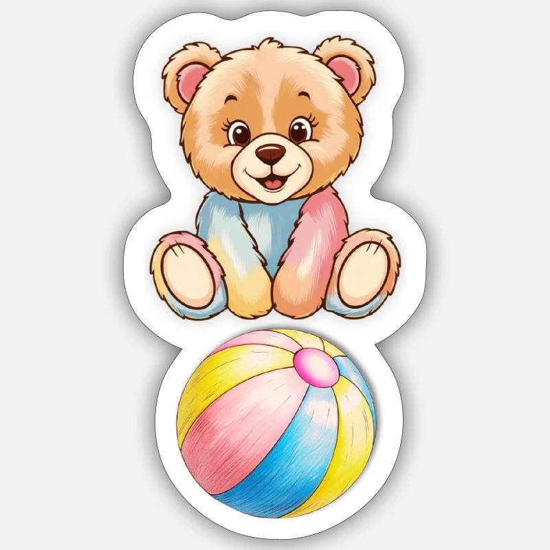 Teddybär mit Ball - Sticker Größe S (10 x 10 cm) - Mattweiß