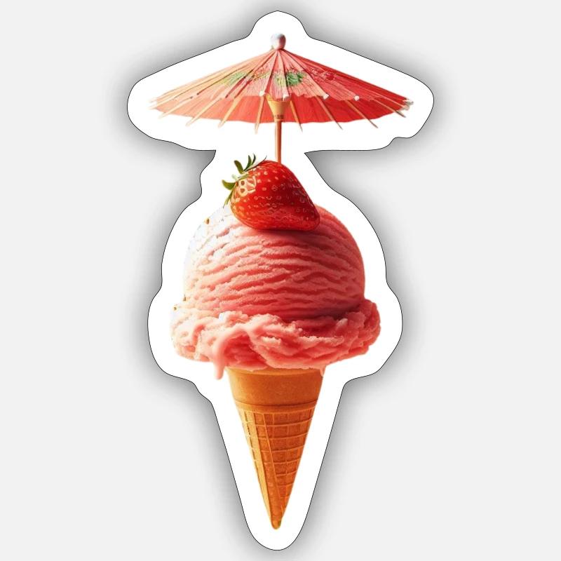 Erdbeereis mit Schirm | Sommer und Eis - Sticker Größe S (10 x 10 cm) - Mattweiß