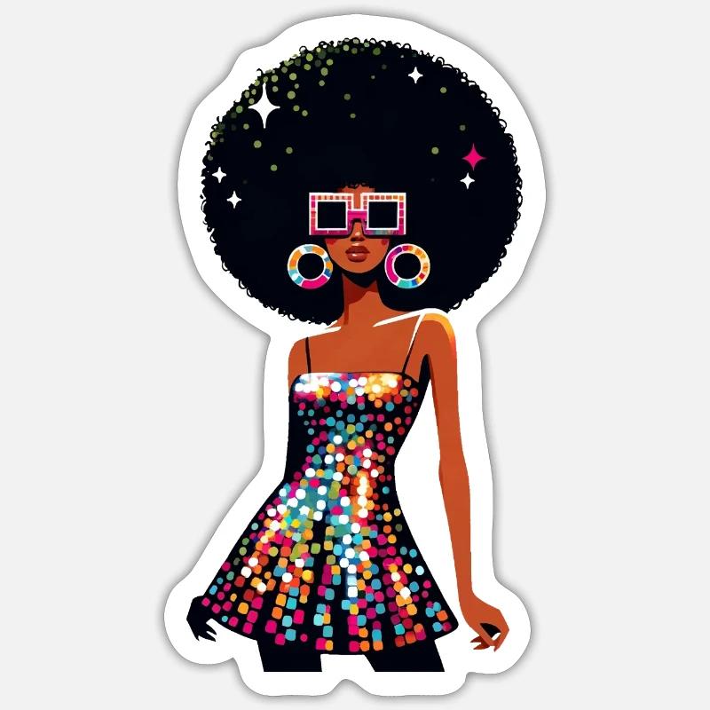 Disco Afro Glam Sequins Design - Sticker taille S (10 x 10 cm) - blanc mat