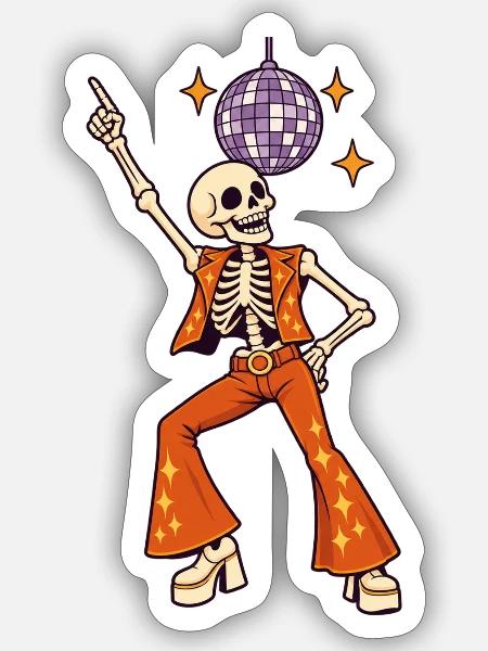 Disco-Skelett mit Glitzerkugel - Sticker Größe S (10 x 10 cm) - Mattweiß