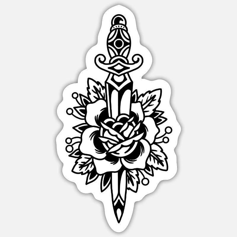 Couteau de conception de tatouage old school avec rose - Sticker taille S (10 x 10 cm) - blanc mat