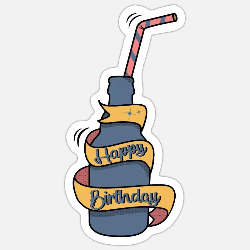 Happy Birthday, Flasche mit Strohhalm - Sticker Größe S (10 x 10 cm) - Mattweiß