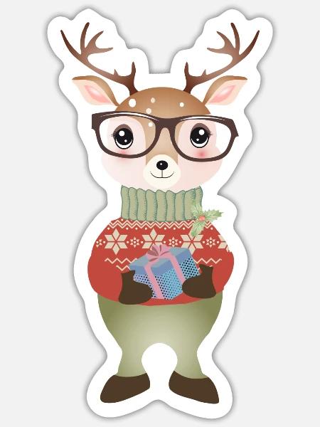 niedlicher Hirsch mit Weihnachtsgeschenk & Brille - Sticker Größe S (10 x 10 cm) - Mattweiß
