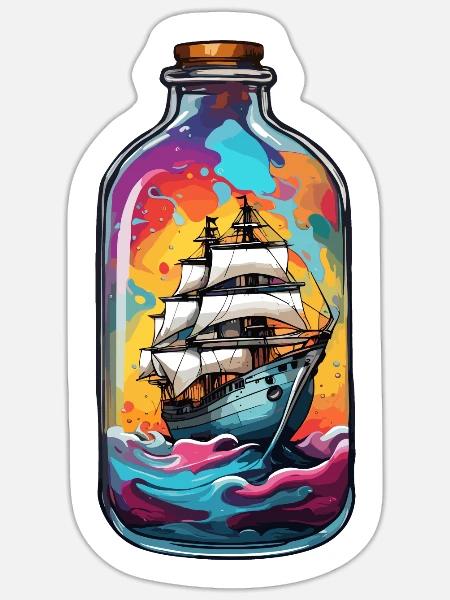 Flaschenschiff / Flaschenpost / Ahoi / Anker - Sticker Größe S (10 x 10 cm) - Mattweiß