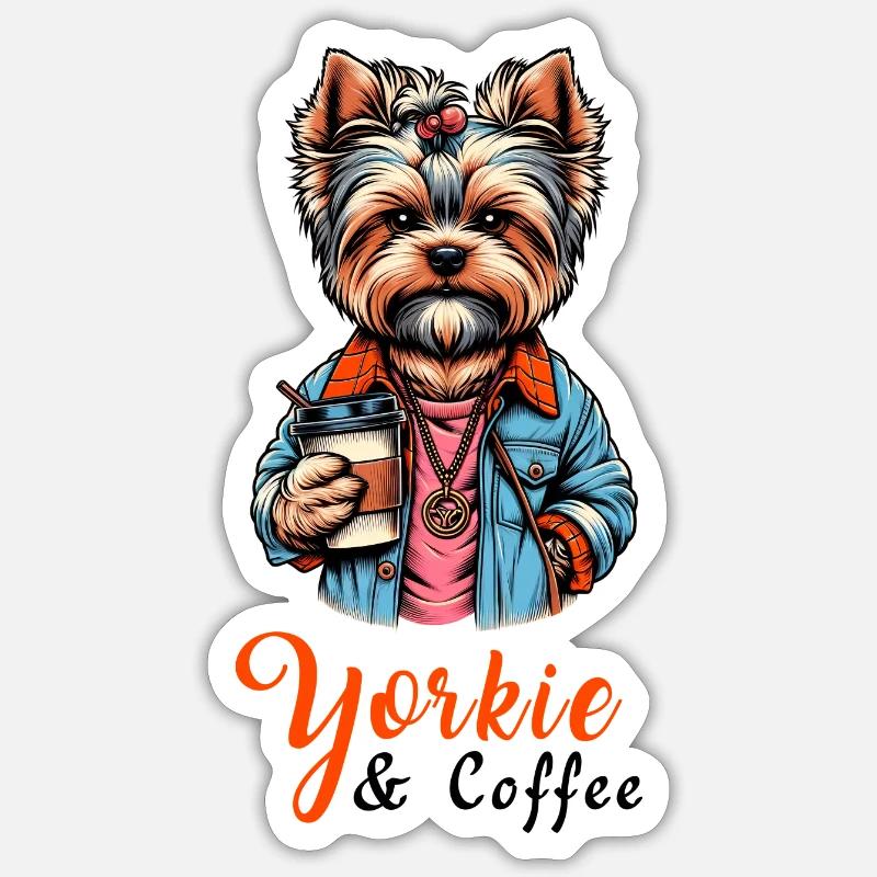 Café Yorkshire Terrier - Sticker taille S (10 x 10 cm) - blanc mat