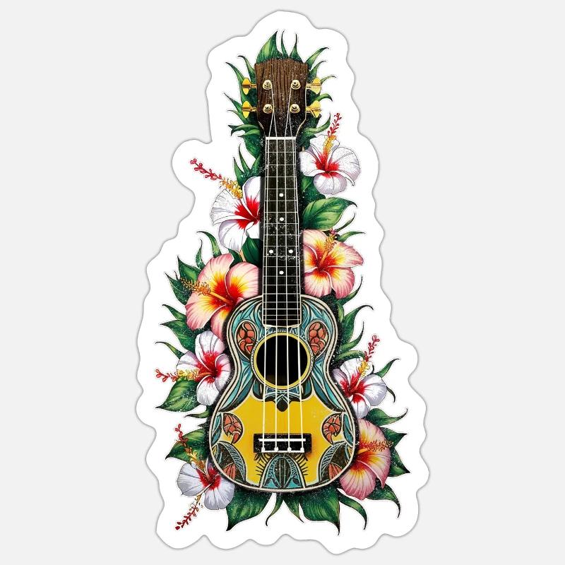 Ukulélé avec Hibiscus AI - Sticker taille S (10 x 10 cm) - blanc mat