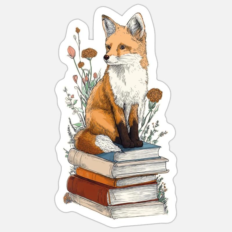 Fuchs auf Bücherstapel - Sticker Größe S (10 x 10 cm) - Mattweiß