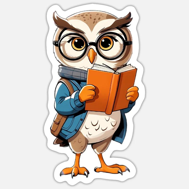 Lernende Eule mit Brille liest Buch Sticker Größe S (10 x 10 cm)