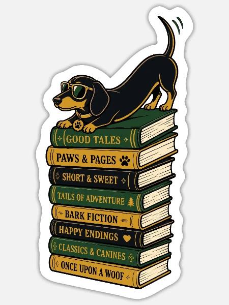 Hunde Bücher Lesen Dackel Geschenk für Leser - Sticker Größe S (10 x 10 cm) - Mattweiß