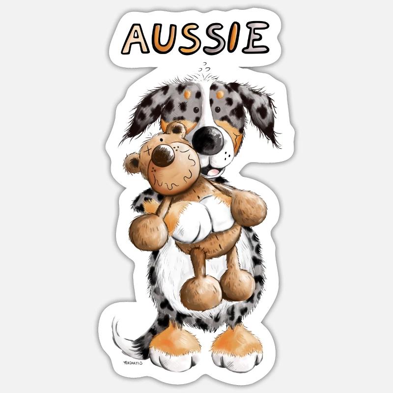 Aussie mit Teddy - Sticker Größe S (10 x 10 cm) - Mattweiß