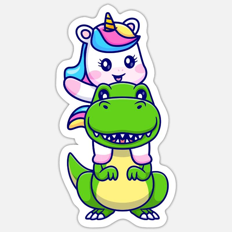 Einhorn reitet T-Rex - Sticker Größe S (10 x 10 cm) - Mattweiß