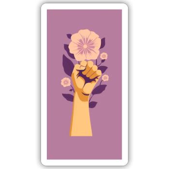 Poing féministe avec fleur violette. - Sticker taille S (10 x 10 cm) - blanc mat - Devant