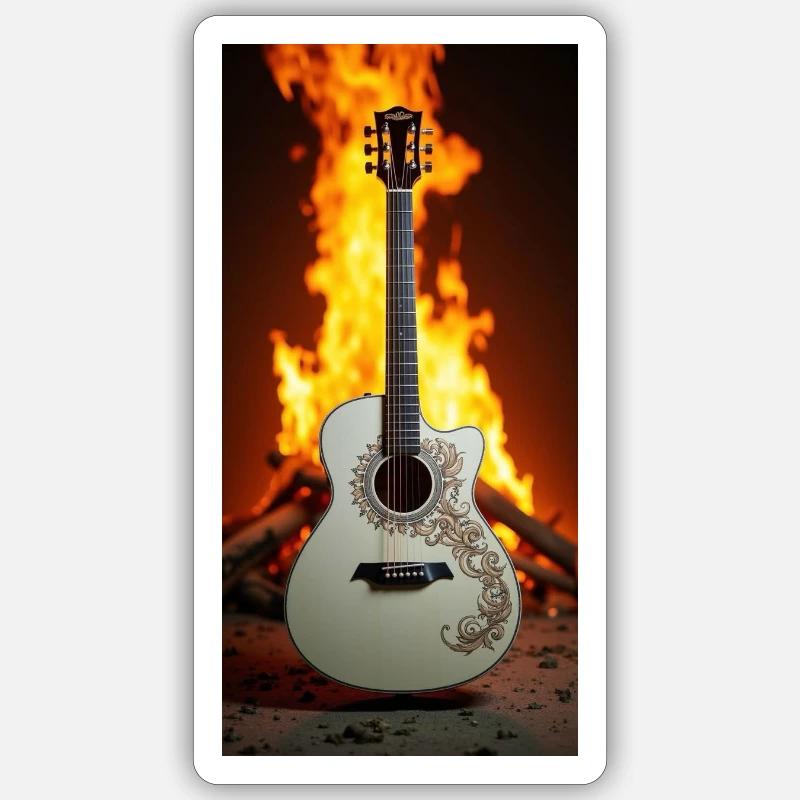 Guitare devant le feu Sticker taille S (10 x 10 cm)