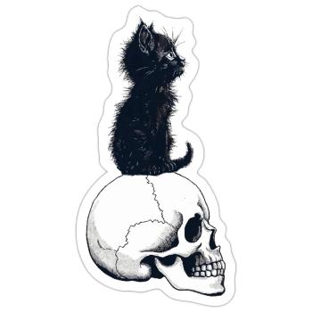 Chaton mignon assis sur un crâne - Sticker taille S (10 x 10 cm) - blanc mat - Devant