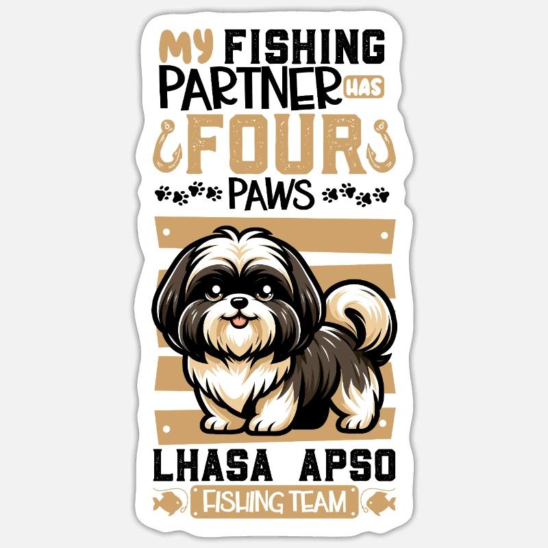 Pêche et Lhassa Apso - Sticker taille S (10 x 10 cm) - blanc mat