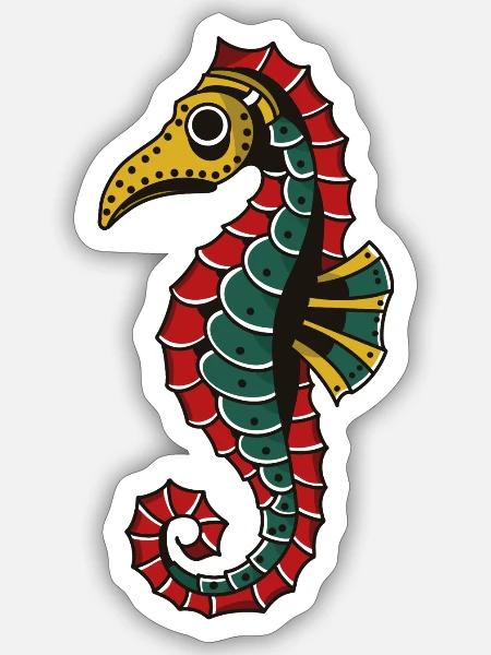 Seepferdchen mit Pestmaske – Tattoo Stil - Sticker Größe S (10 x 10 cm) - Mattweiß