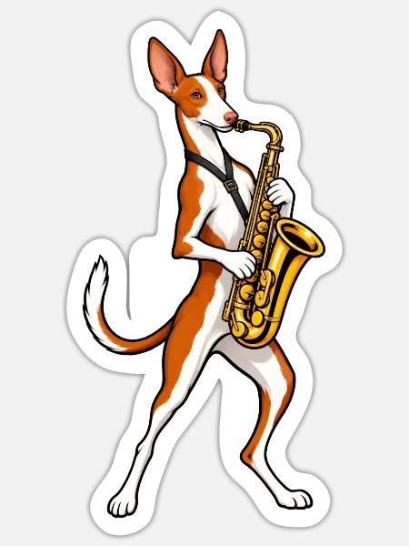 Podenco Ibicenco mit Saxophon - Sticker Größe S (10 x 10 cm) - Mattweiß