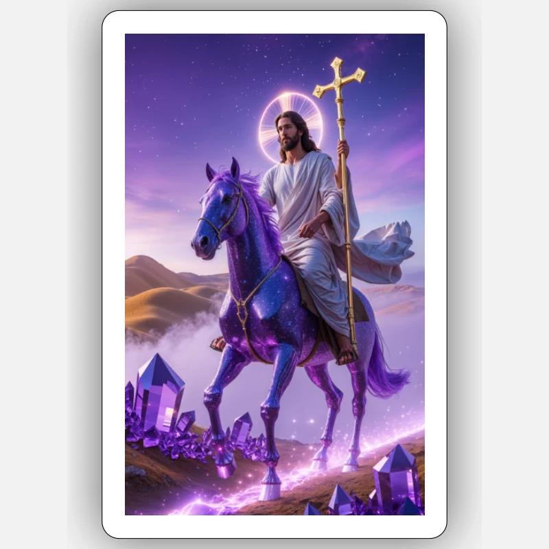 Sci-Fi Jesus auf lila Pferd Sticker Größe S (10 x 10 cm)