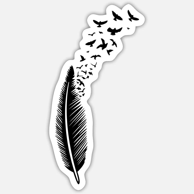 Plume et oiseaux, feather with birds - Sticker taille S (10 x 10 cm) - blanc mat
