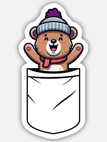 Happy Bär Beanie Mütze T-Shirt Tasche Brusttasche - Sticker Größe S (10 x 10 cm) - Mattweiß