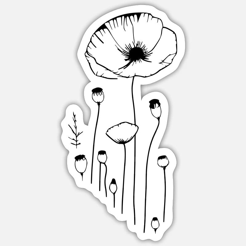 Coquelicot - fleurs et capsules de pavot à opium - Sticker taille S (10 x 10 cm) - blanc mat