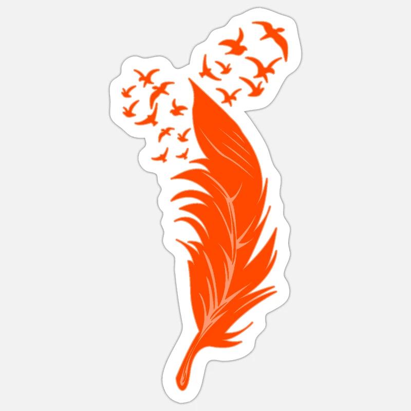 Plume et oiseaux oranges - Sticker taille S (10 x 10 cm) - blanc mat