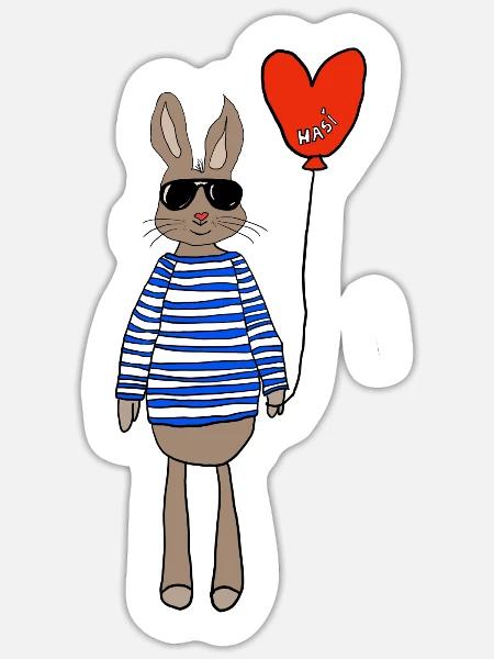 Hase im Streifenpulli mit Herzballon - Sticker Größe S (10 x 10 cm) - Mattweiß