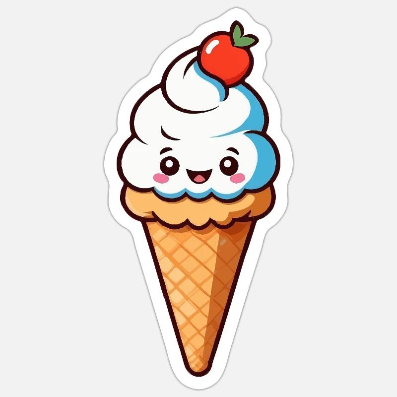 Cône crème Eis de dessin animé mignon avec un visage souriant - Sticker taille S (10 x 10 cm) - blanc mat