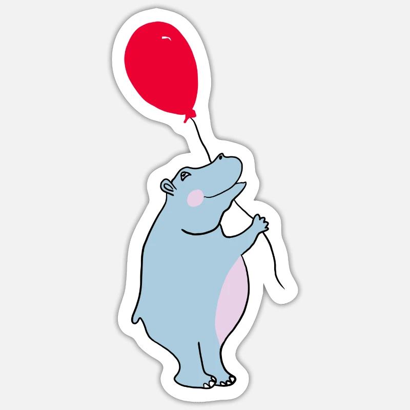 Blauer Hippo mit Ballon - Sticker Größe S (10 x 10 cm) - Mattweiß