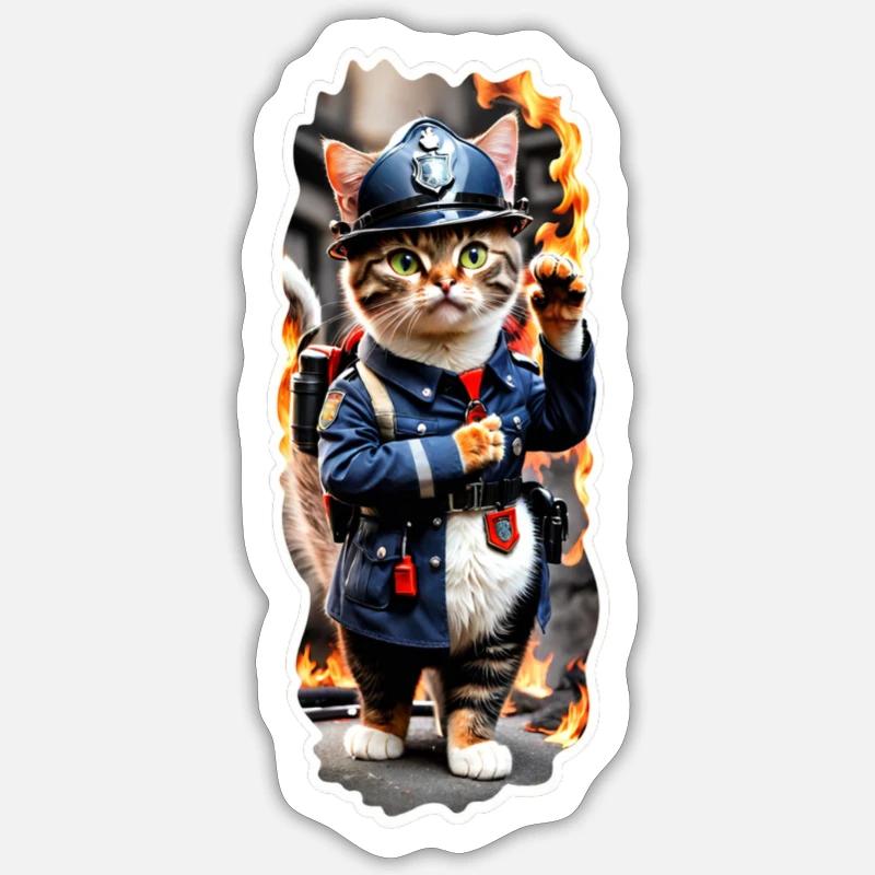 Chat des pompiers - Sticker taille S (10 x 10 cm) - blanc mat