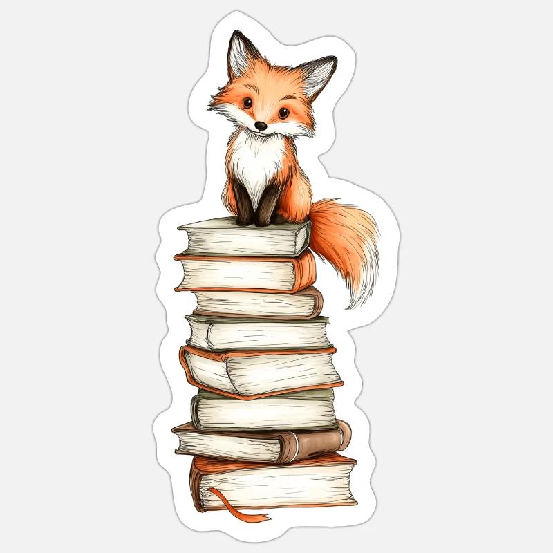 Fuchs auf Bücherstapel - Sticker Größe S (10 x 10 cm) - Mattweiß
