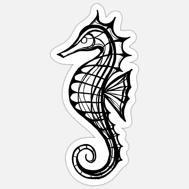 Seepferdchen – Line Art in Schwarz-Weiss - Sticker Größe S (10 x 10 cm) - Mattweiß