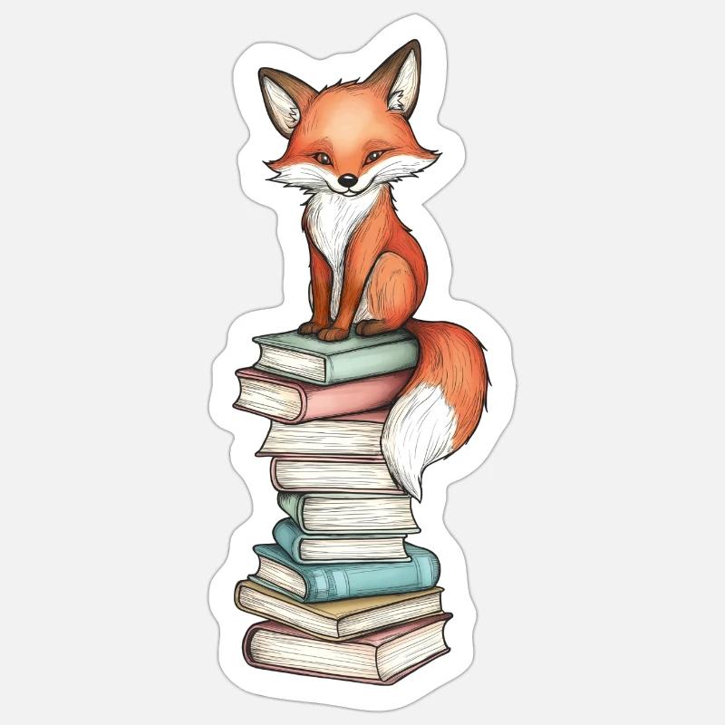 Fuchs auf Bücherstapel Sticker Größe S (10 x 10 cm)