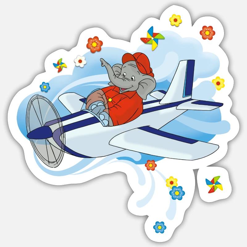 Benjamin Blümchen fliegt im Flugzeug Pilot Sticker Größe S (10 x 10 cm)