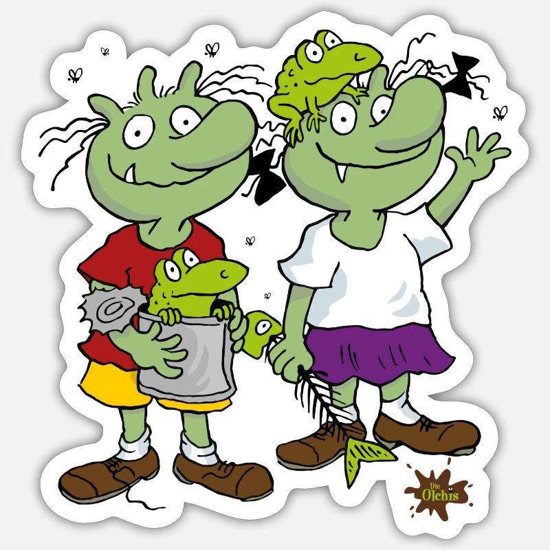 Die Olchis Classic Olchi-Kinder Mit Zwei Kröten - Sticker Größe S (10 x 10 cm) - Mattweiß