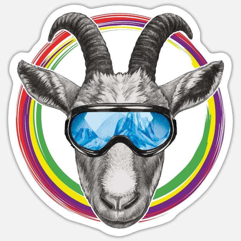 Cool goat with blue ski goggles Sticker size S (10 x 10 cm)