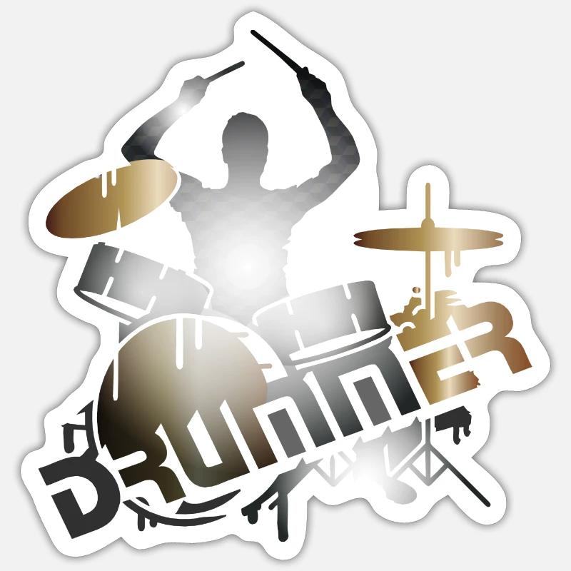 Drummer sits on drums with typography - Sticker size S (10 x 10 cm) - white matte