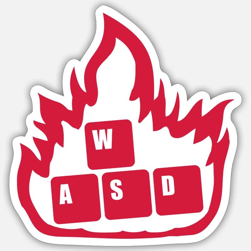 Flammen Nerd Computer WASD - Sticker Größe S (10 x 10 cm) - Mattweiß
