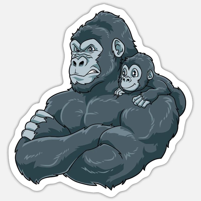 Starker Gorilla mit Gorilla Kind - Sticker Größe S (10 x 10 cm) - Mattweiß