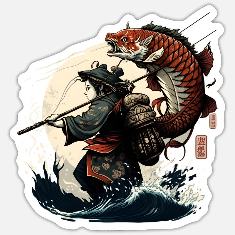 Japanese warrior catches a big fish Sticker size S (10 x 10 cm)